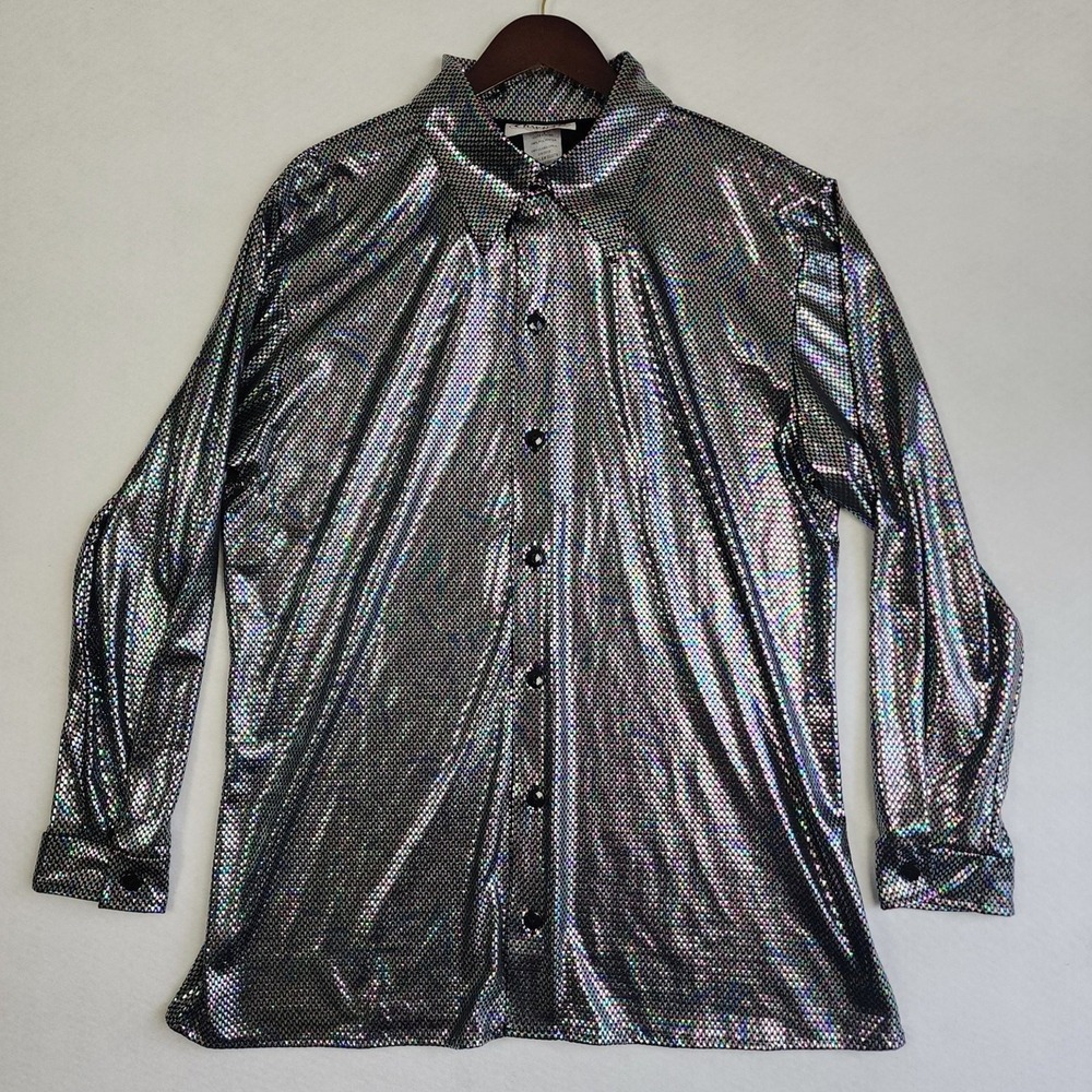 Charades Nail Head Disco Shirt Adult Large Multicolor Holographic Foil Button Up